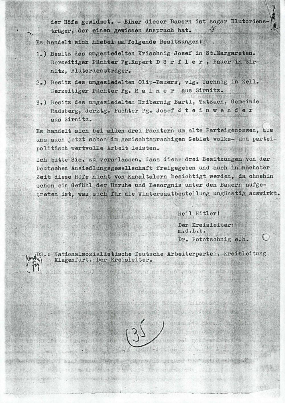 Izseljevanje: Dopis  okrožnega vodje NSDAP v Celovcu Oblastnemu uradu za narodnostna vprašanja (v roke majorju Maier – Kaibitschu)