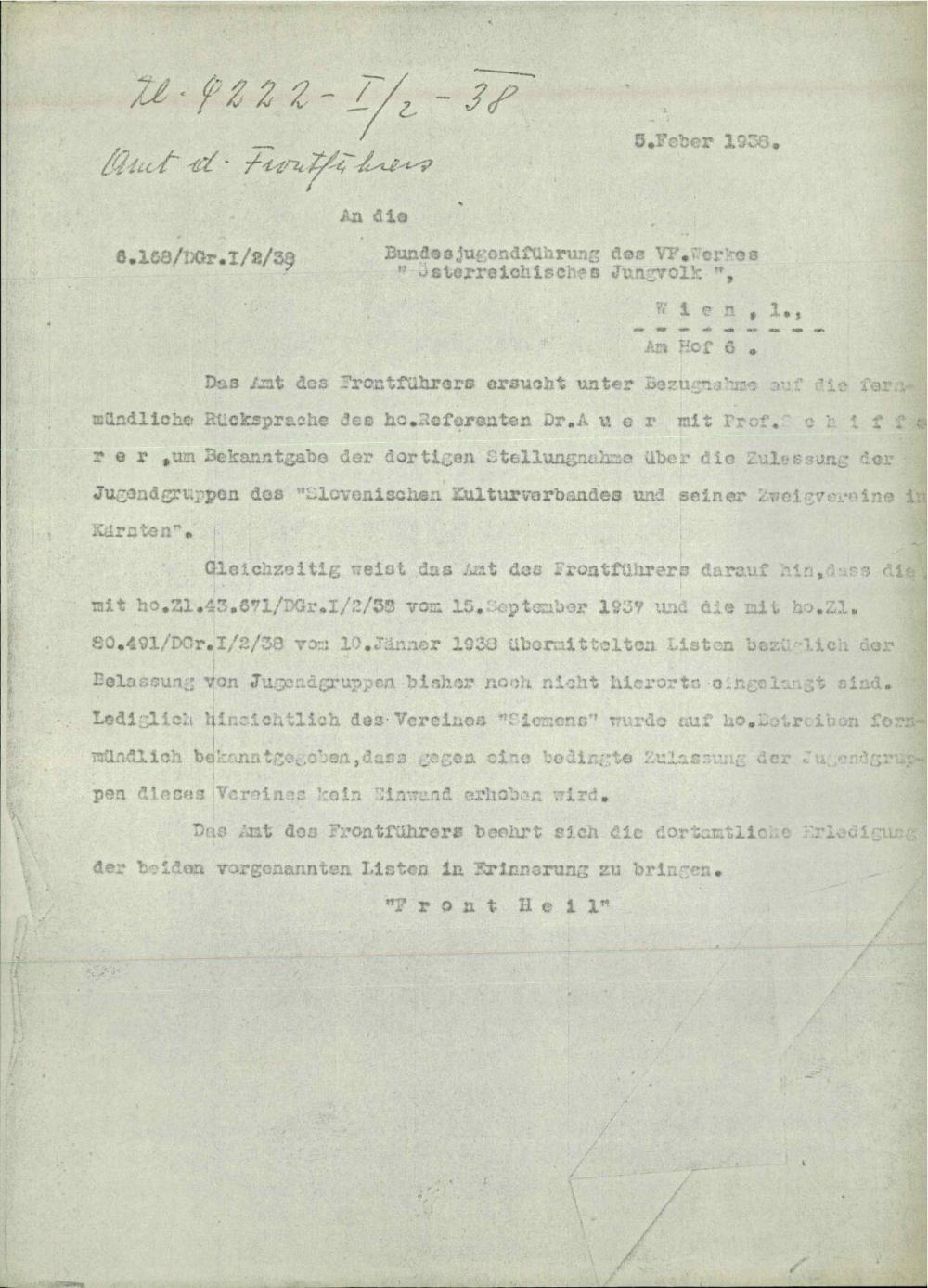 Dopis o sprejemu mladinskih skupin iz "Slovenischen Kulturverbandes und seiner Zweigvereine in Kärnten"