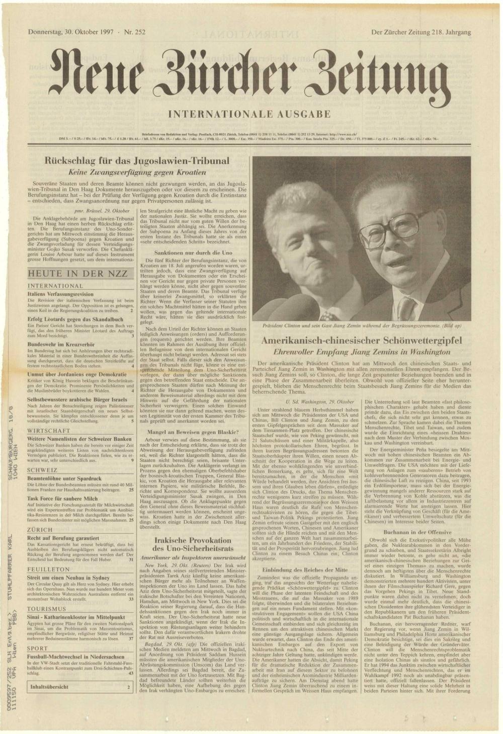 Neue Zürcher Zeitung: Internationale Ausgabe: 218. Jahrgang: Nr. 252