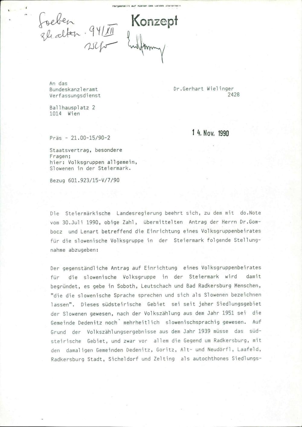 Mnenje o predlogu v zvezi z ustanovitvijo svetovalnega sveta za narodne manjšino na Štajerskem