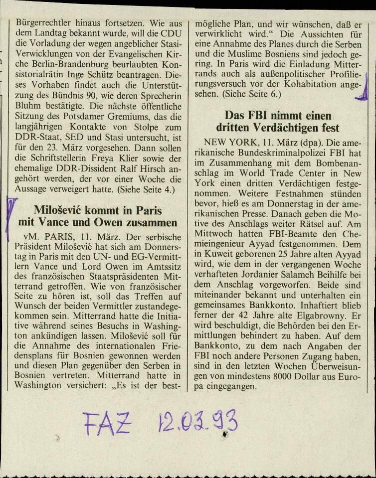 Milošević kommt in Paris mit Vance und Owen zusammen