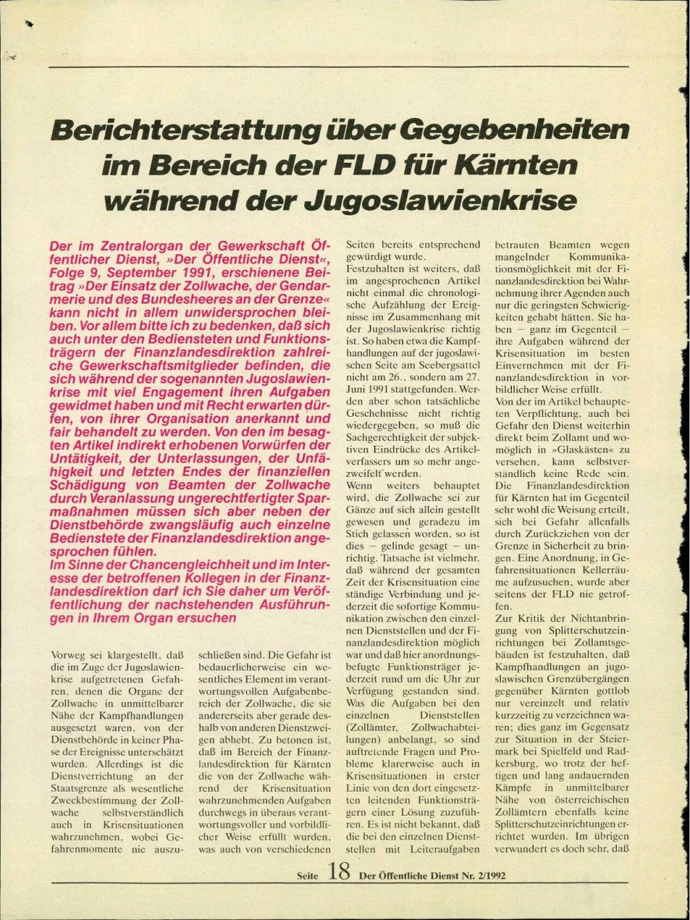 Berichterstattung über Gegebenheiten im Bereich der FLD für Kärnten während der Jugoslawienkrise