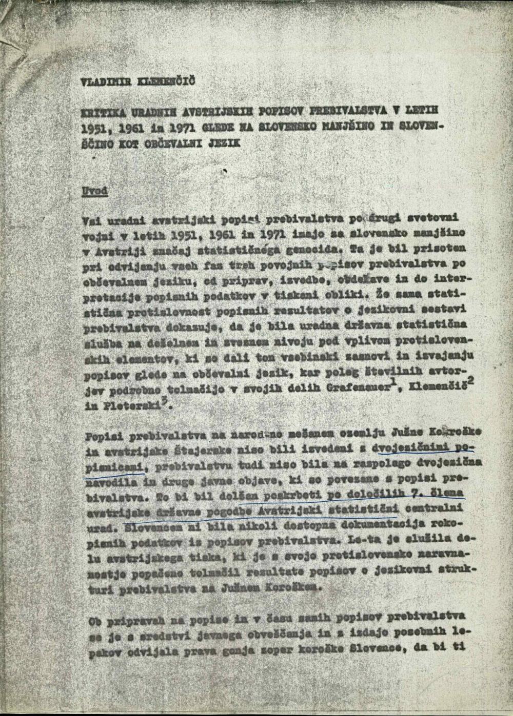 Kritika uradnih avstrijskih popisov prebivalstva v letih 1951, 1961 in 1971 glede na slovensko manjšino in slovenščino kot občevalni jezik