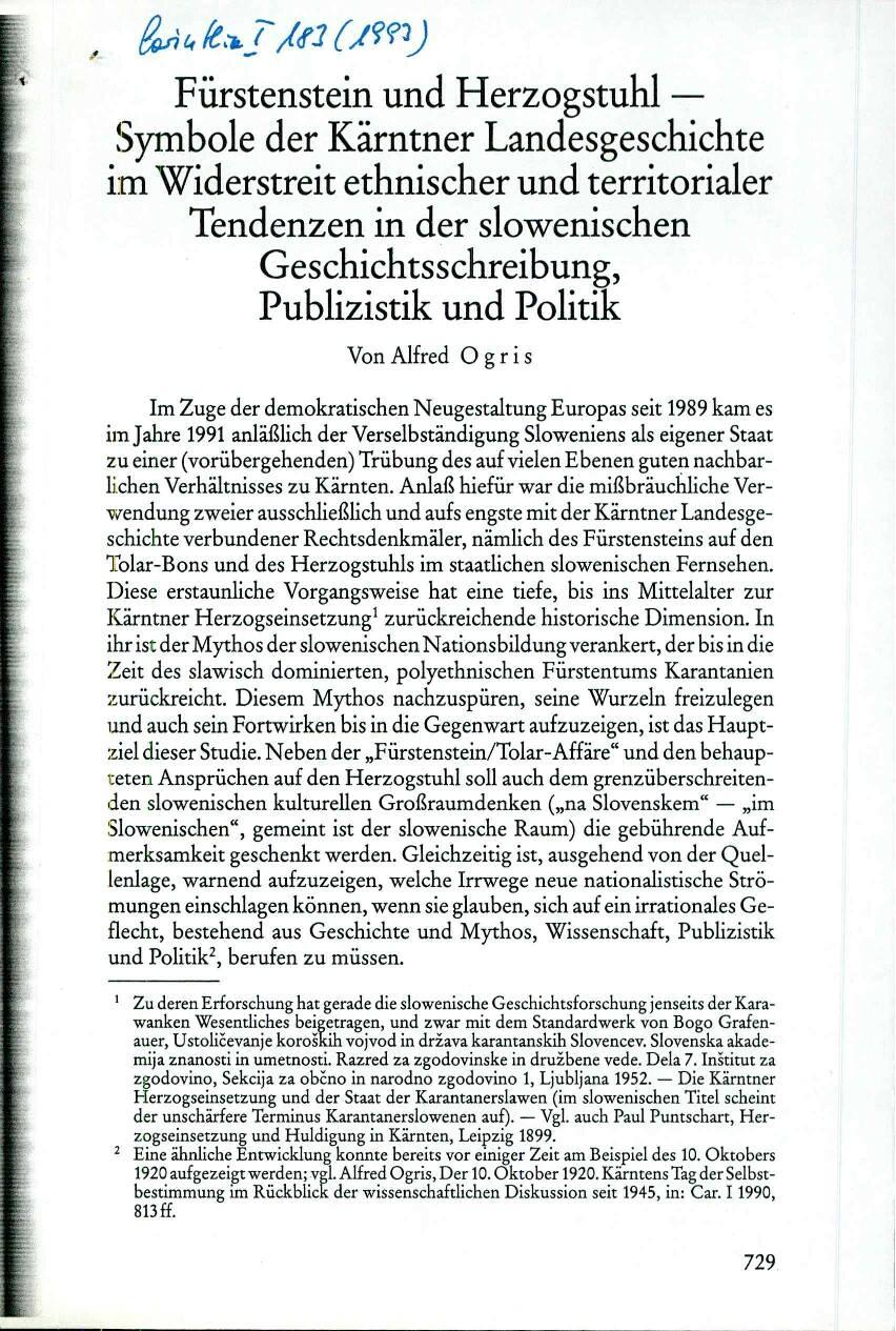 Fürstenstein und Herzogstuhl - Symbole der Kärntner Landesgeschichte im Widerstreit ethnischer und territorialer Tendenzen in der slowenischen Geschichtschreibung, Publizistik und Politik