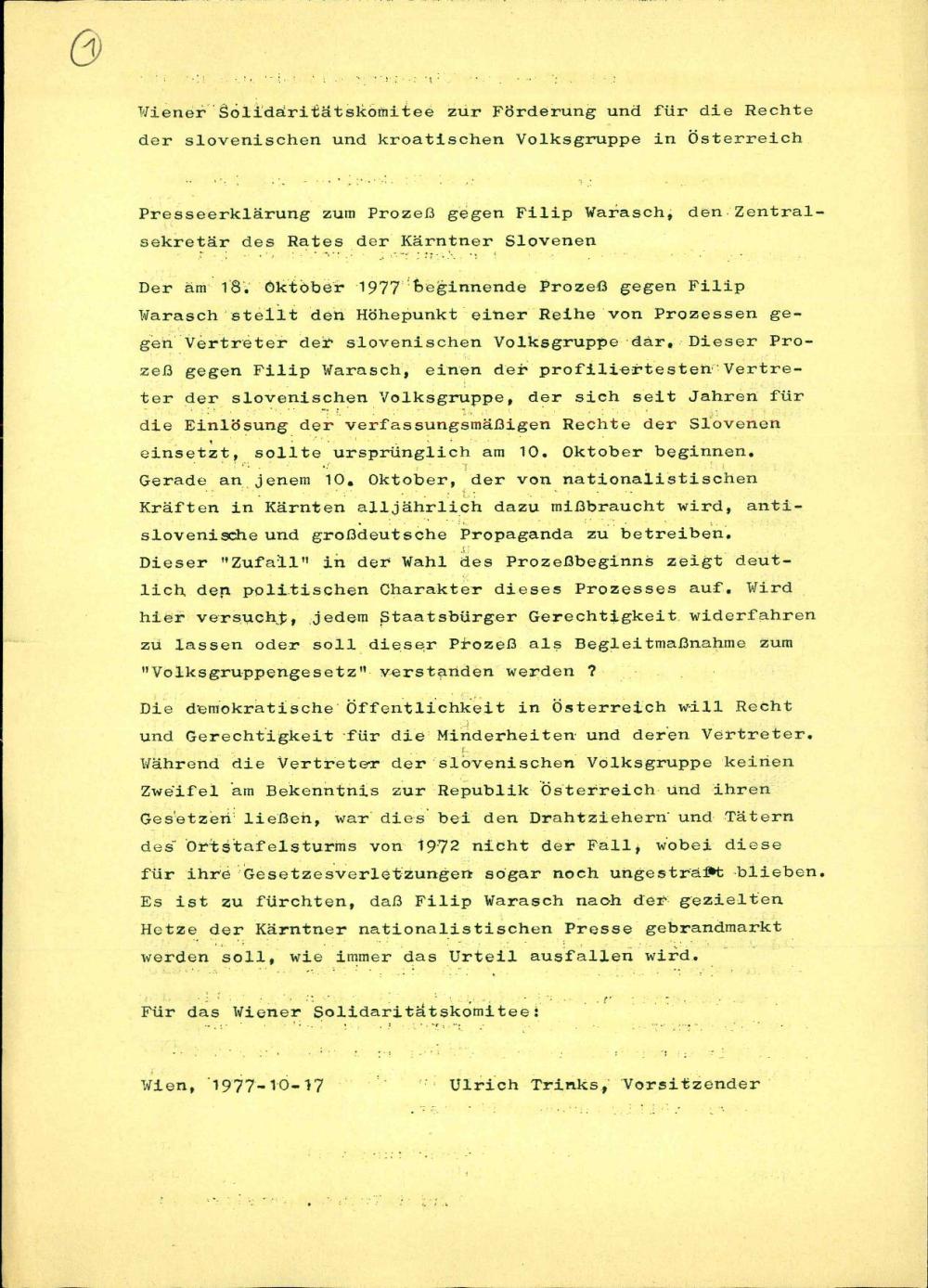 Presseerklärung zum Prozeß gegen Filip Warasch, den Zentralsekretär des Rates der Kärntner Slovenen