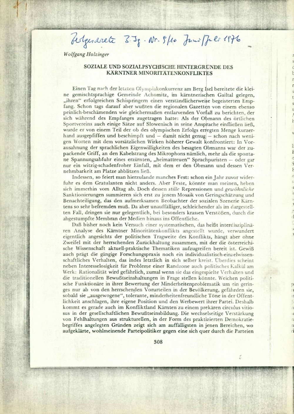 Soziale und sozialpsychische Hintergründe des Kärntner Minoritätenkonfliktes