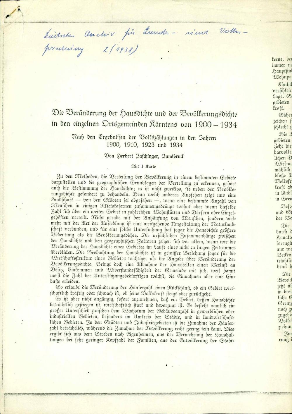 Die Veränderung der Hausdichte und der Bevölkerungsdichte in den einzelnen Ortsgemeinden Kärntens von 1900 – 1934