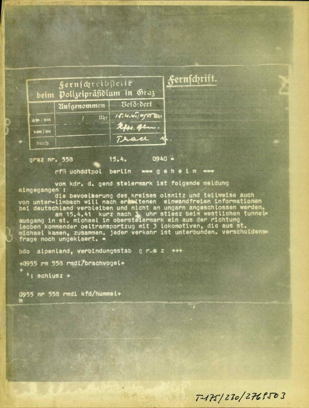 Poročilo o razpoloženju in incidentih na Zgornjem Štajerskem dne 15. 4. 1941