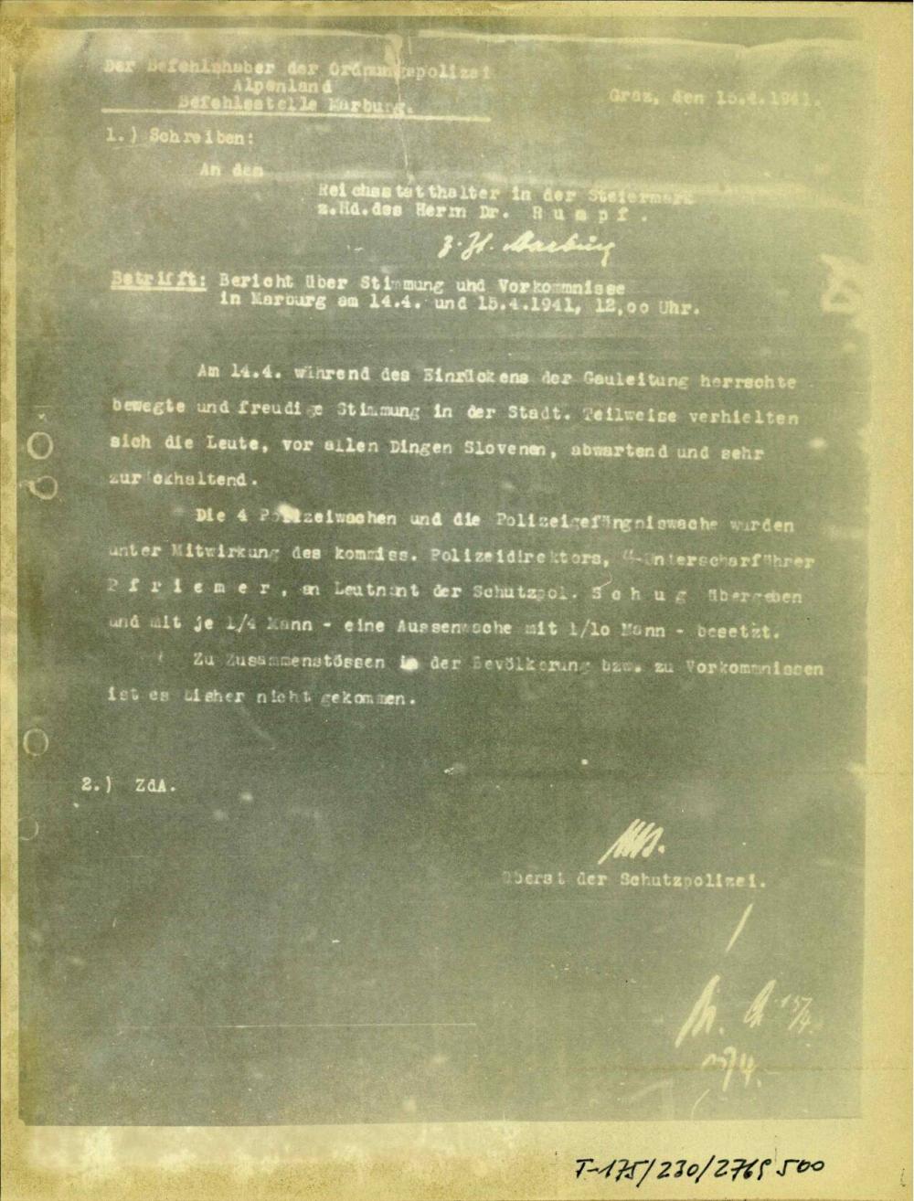 Bericht über  Stimmung und Vorkommnisse  in Marburg an 14.4. und 15.4.1941, 12.00 Uhr