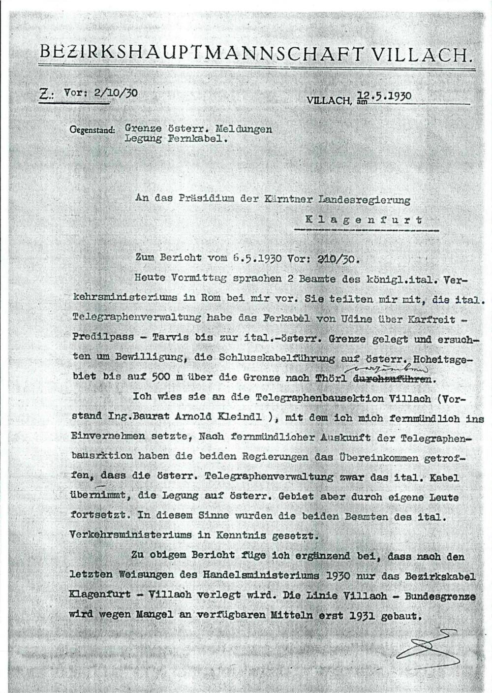 Grenze österr., Meldungen Legung Fernkabel