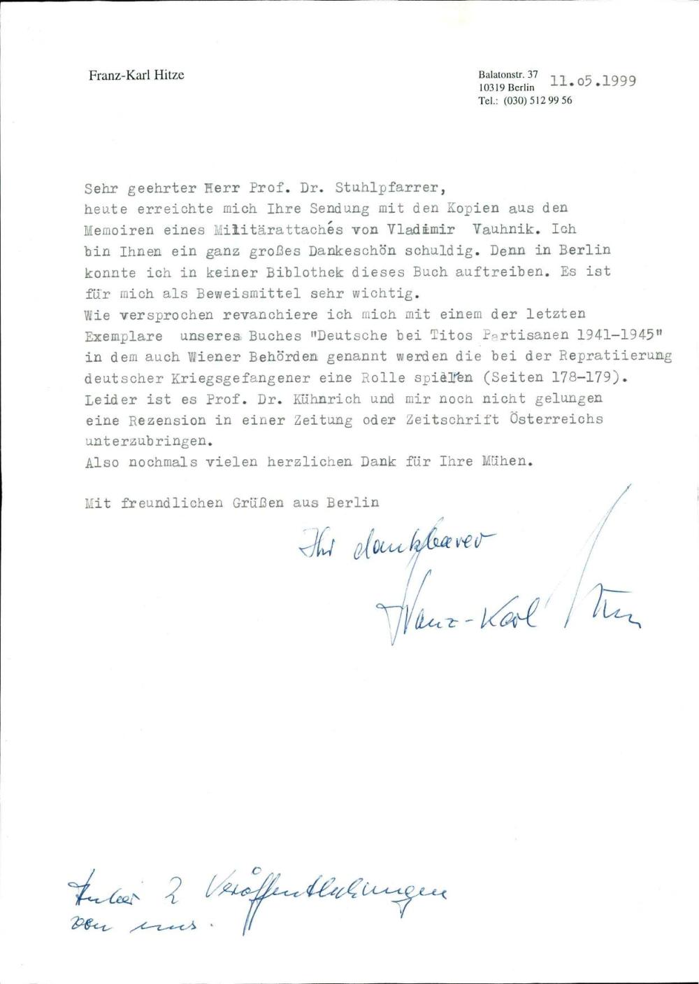 Pismo Franz - Karl Hitze