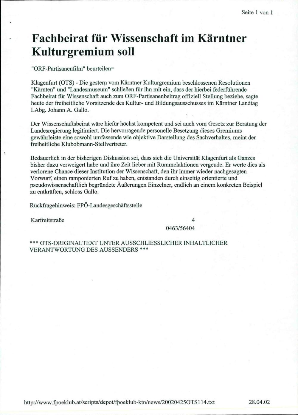 Fachbeirat für Wissenschaft im Kärntner Kulturgremium soll