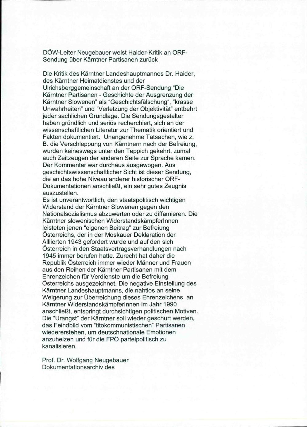 DOW-Leiter Neugebauer weist Haider-Kritik an ORF Sendung über Kärntner Partisanen zurück