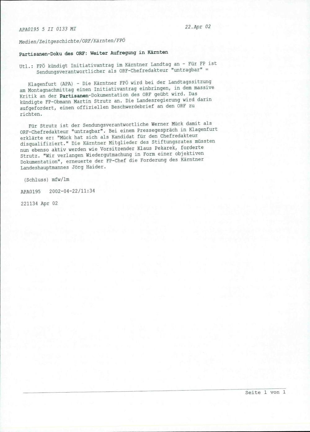 Brennpunkt-Sendung über Kärntner Partisanen: LH Haider legt Beschwerde beim Bundeskommumkationssenat ein