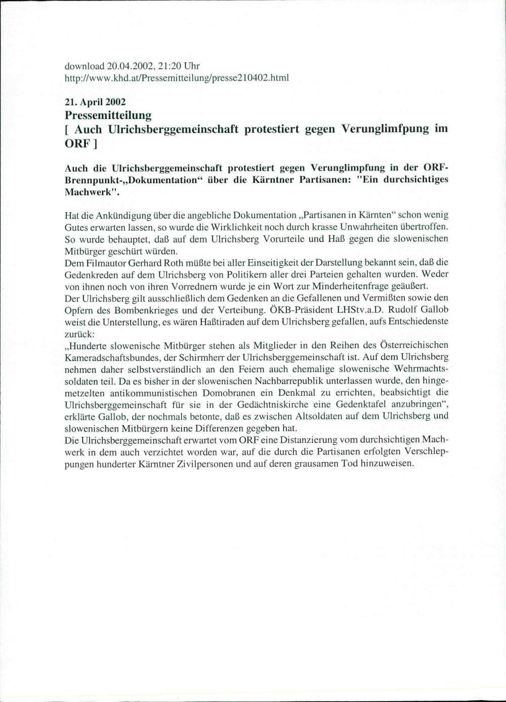 Auch Ulrichsberggemeinschaft protestiert gegen Verunglimfpung im ORF
