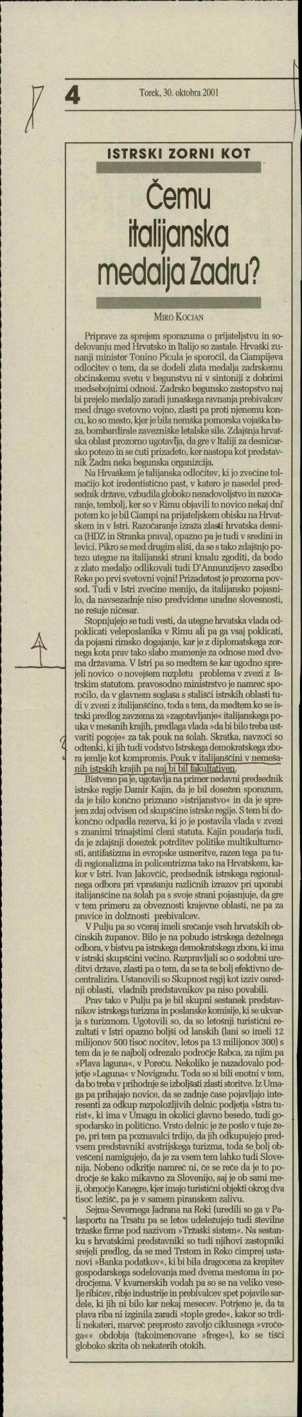 Čemu italijanska medalja Zadru?