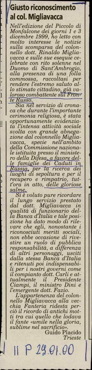 Giusto riconoscimento al col. Migliavacca