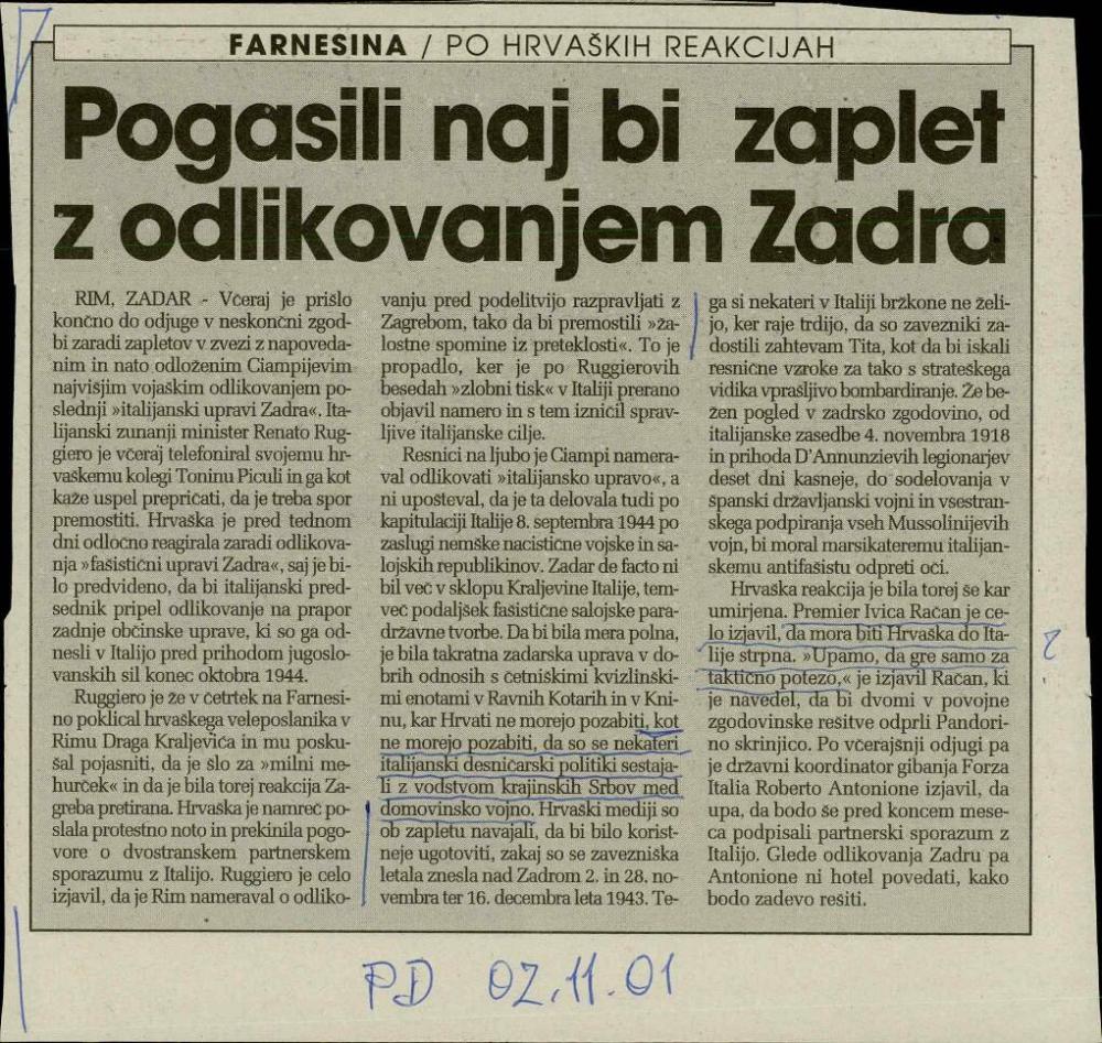 Pogasili naj bi zaplet z odlikovanjem Zadra: Farnesina