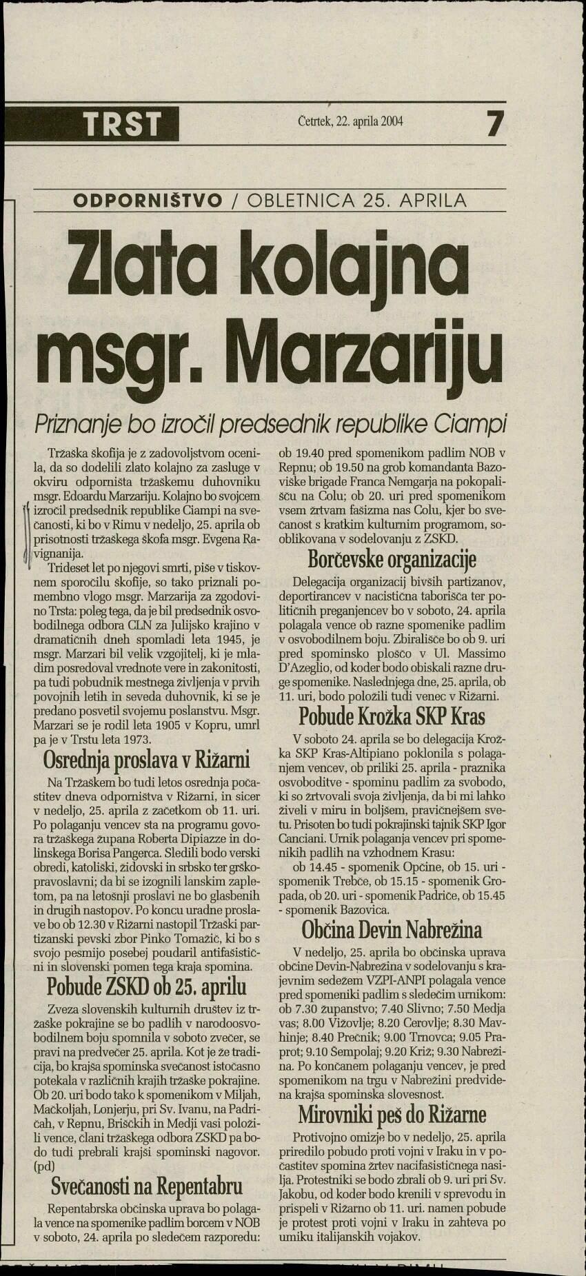 Zlata kolajna msgr. Maizariju: Priznanje... - nosilna