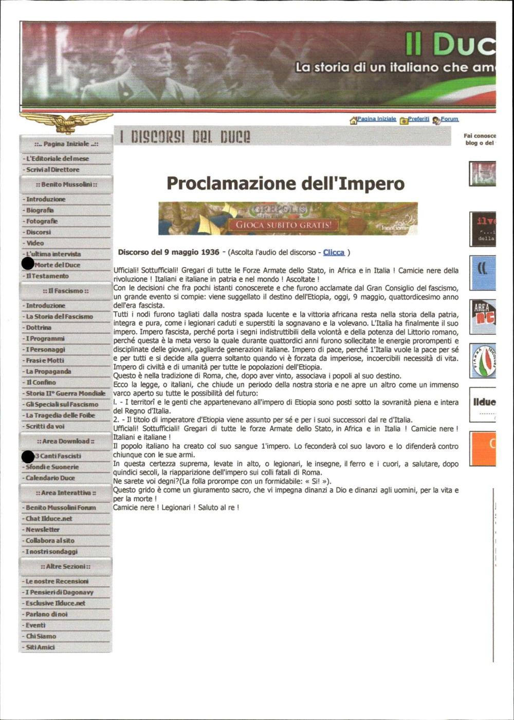 Benito Mussolini: Proclamazione dell'Impero: Discorso del 9 maggio 1936