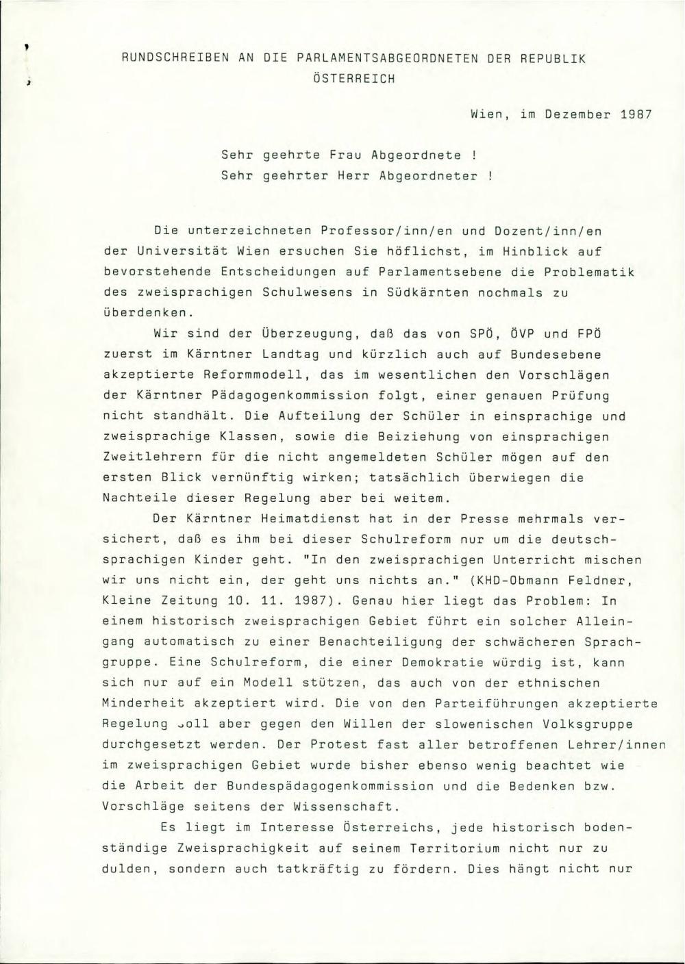 Rundschreiben an die Parlamentsabgeordneten  der Republik Österreich