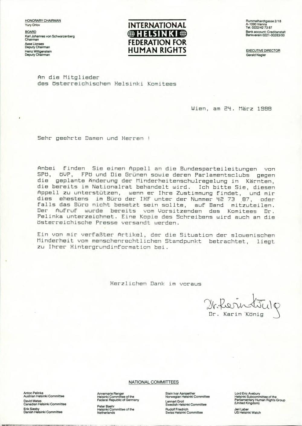 An die Mitglieder des österreichischen Helsinki Komitees