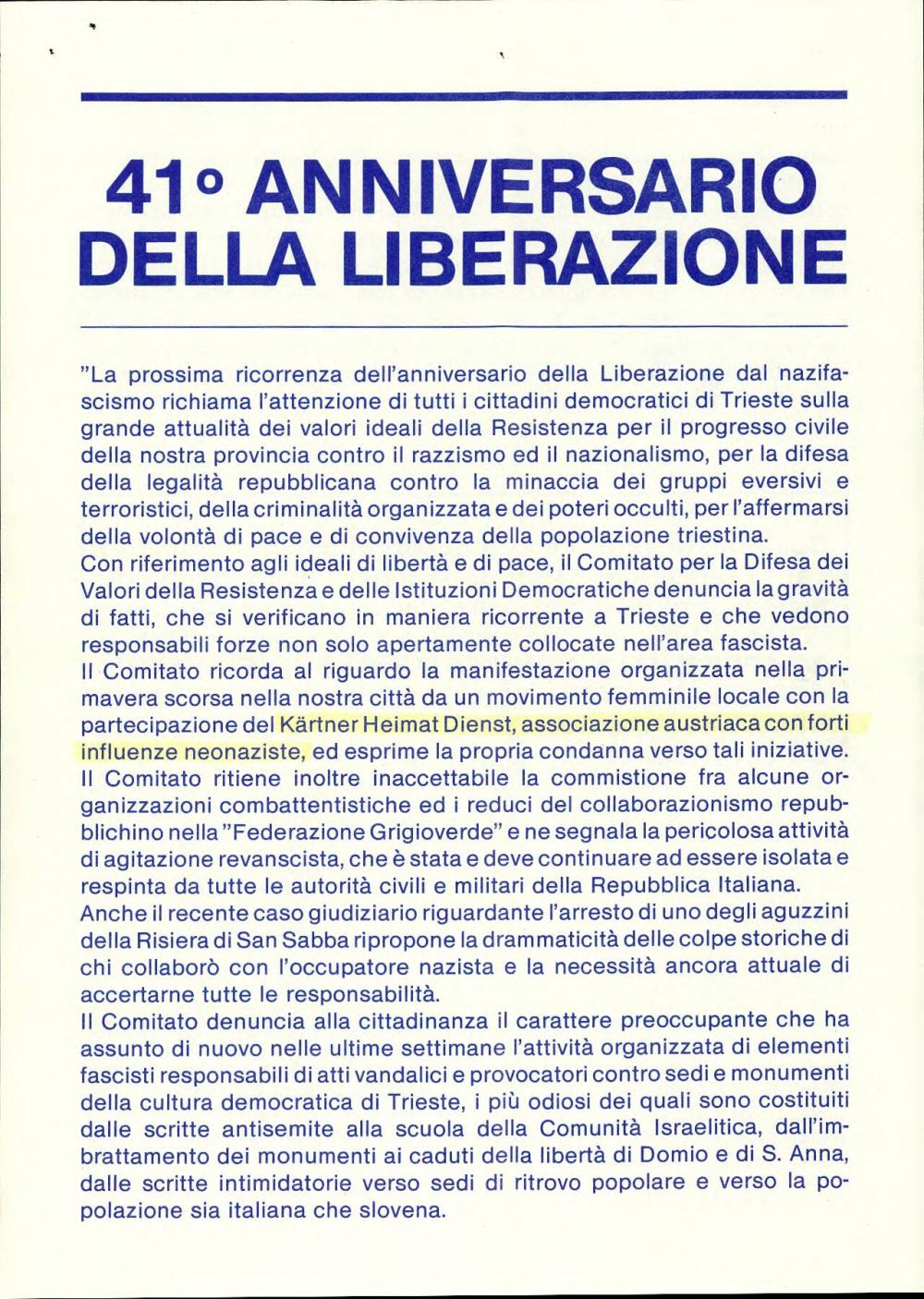 41° anniversario della liberazione