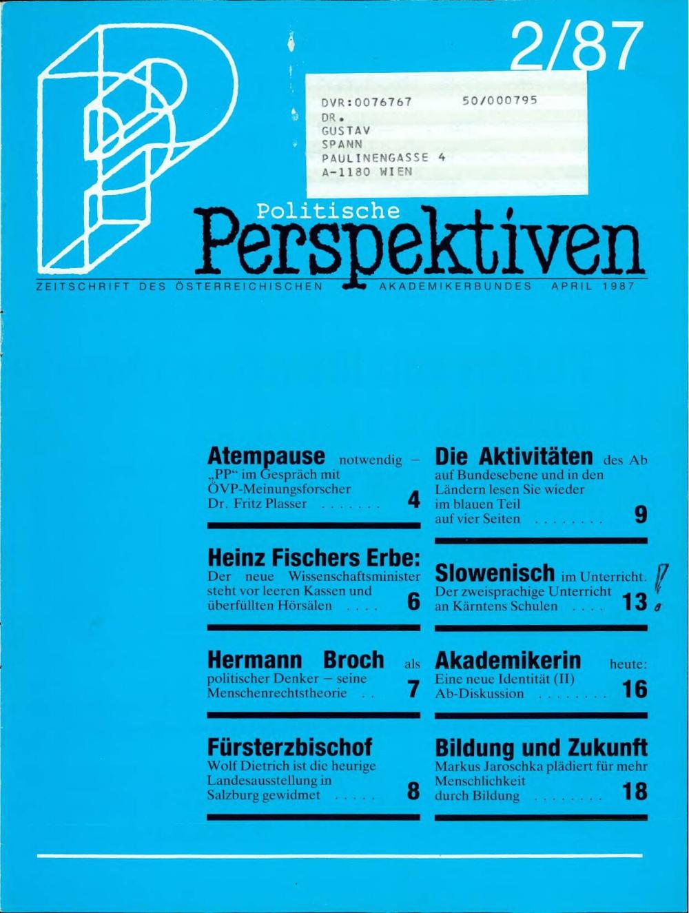 Politische Perspektiven : Zeitschrift des Österreichischen Akademikerbundes, Nr. 2/87