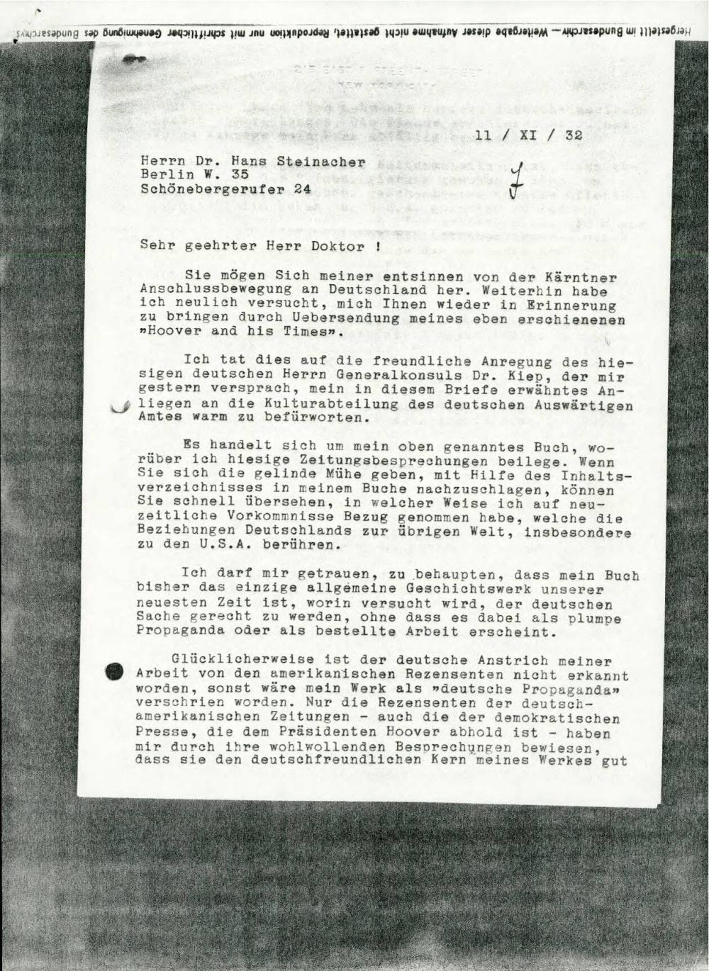 Dopis Edwina Emersona o njegovi knjigi Hoover and His Times: An Impartial History of Our Generation