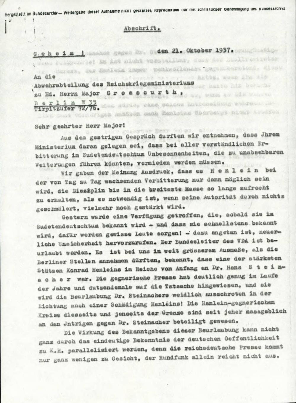 Dopis s podporo dr. Hansu Steinacherju v neopredeljenem procesu