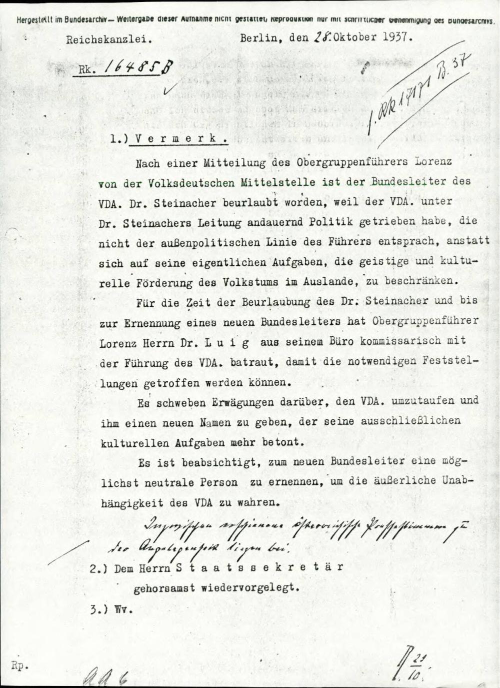 Dopis z razlogi, zakaj Hans Steinacher ni primeren več za vodjo Verein für Deutsche Kulturbeziehungen im Ausland