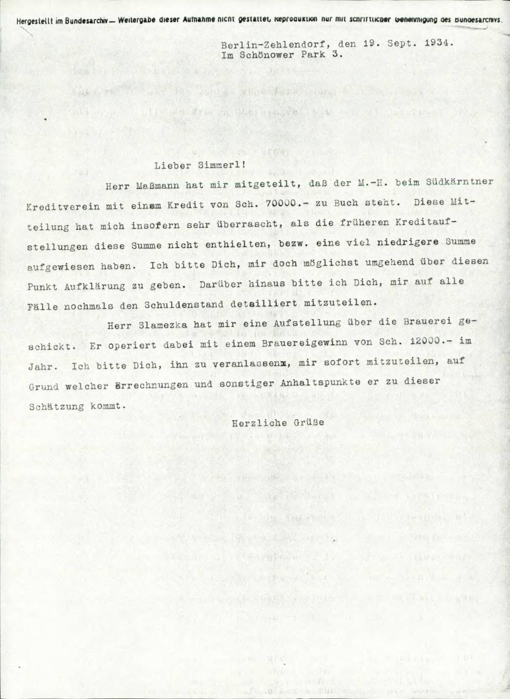 Dopis s povpraševanjem o kreditu pri Südkärntner Kreditverein