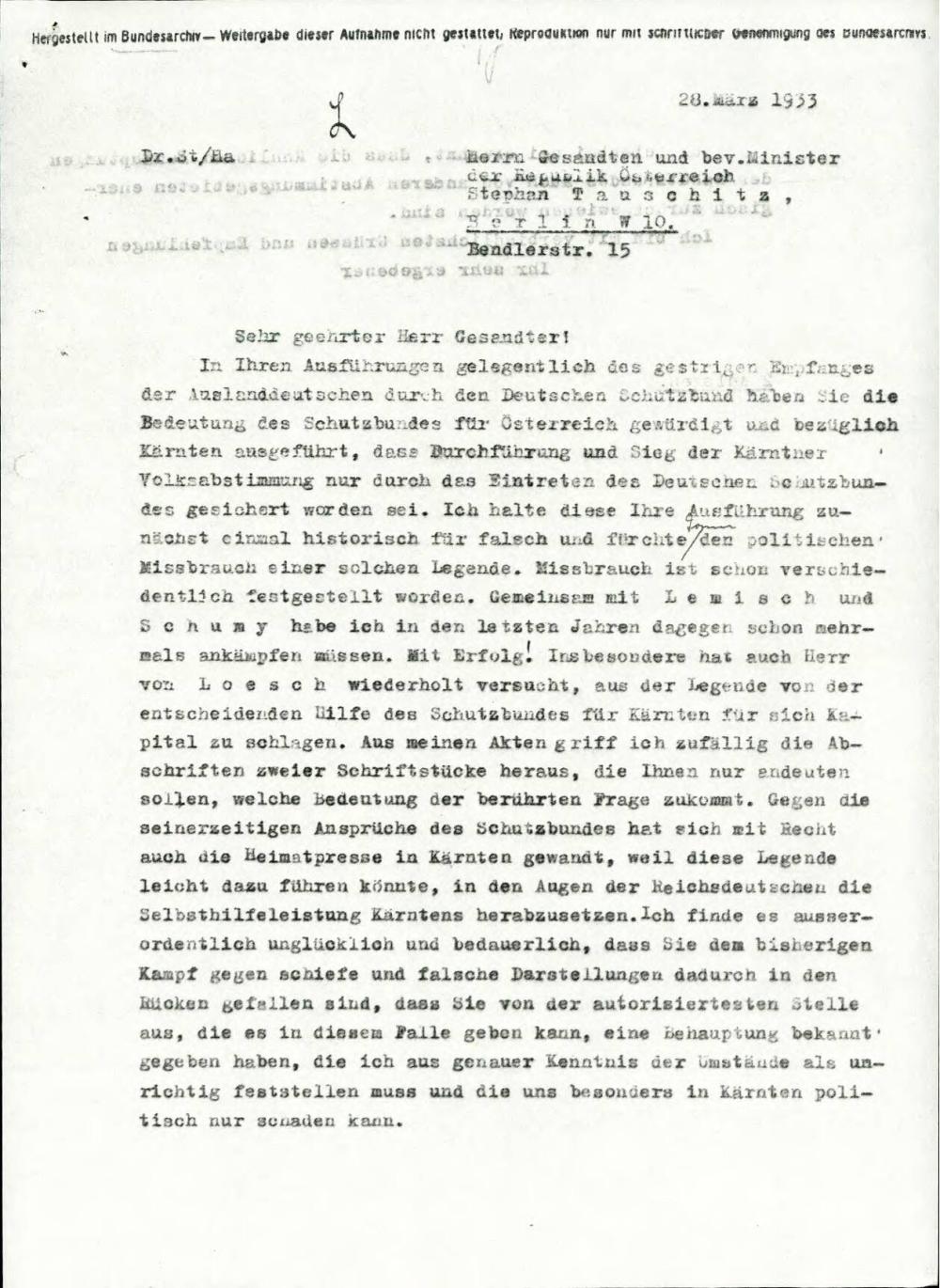 Dopis o vlogi in pomenu Schutzbundes für Kärnten (Zaščitna zveza za Koroško)