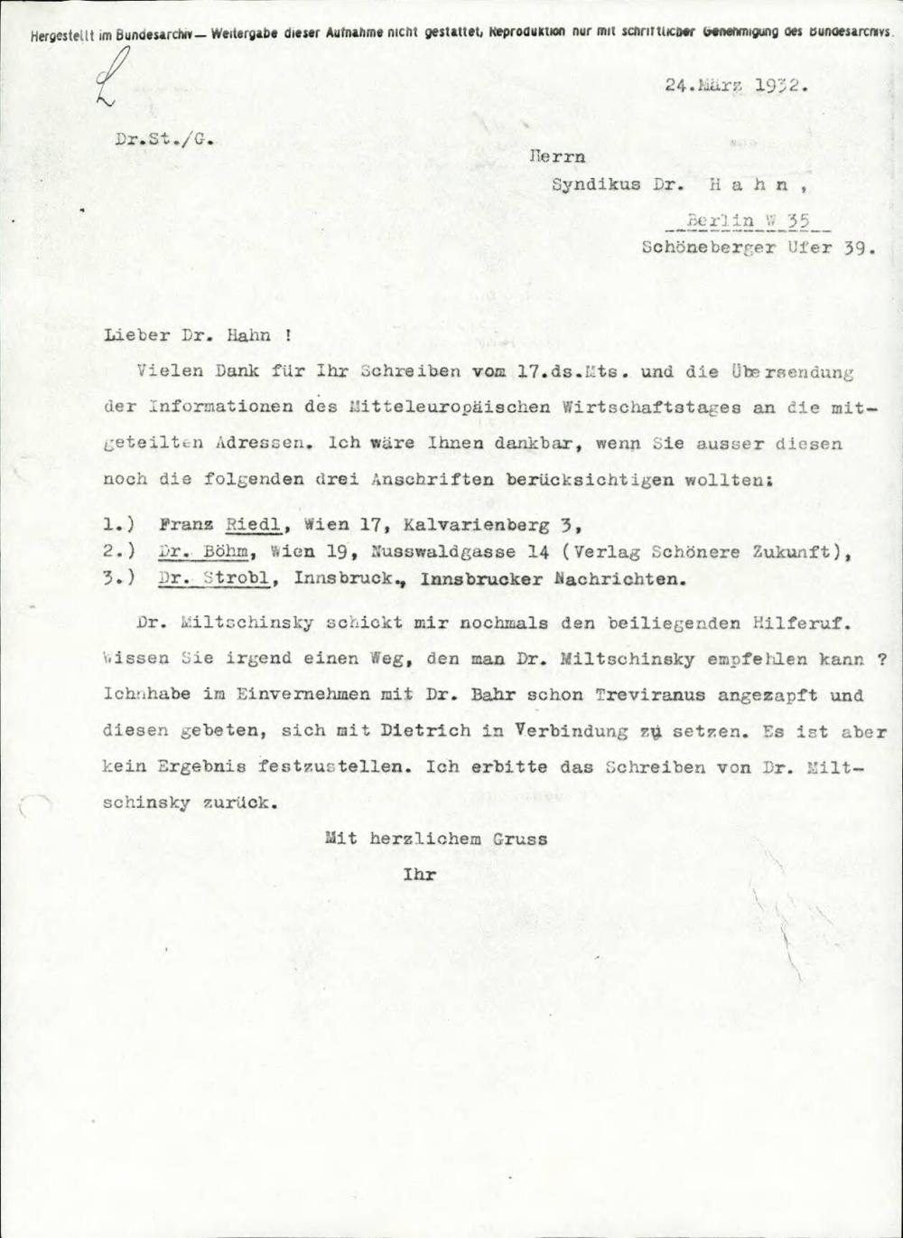 Dopis dr. Hahnu s seznami naslovov