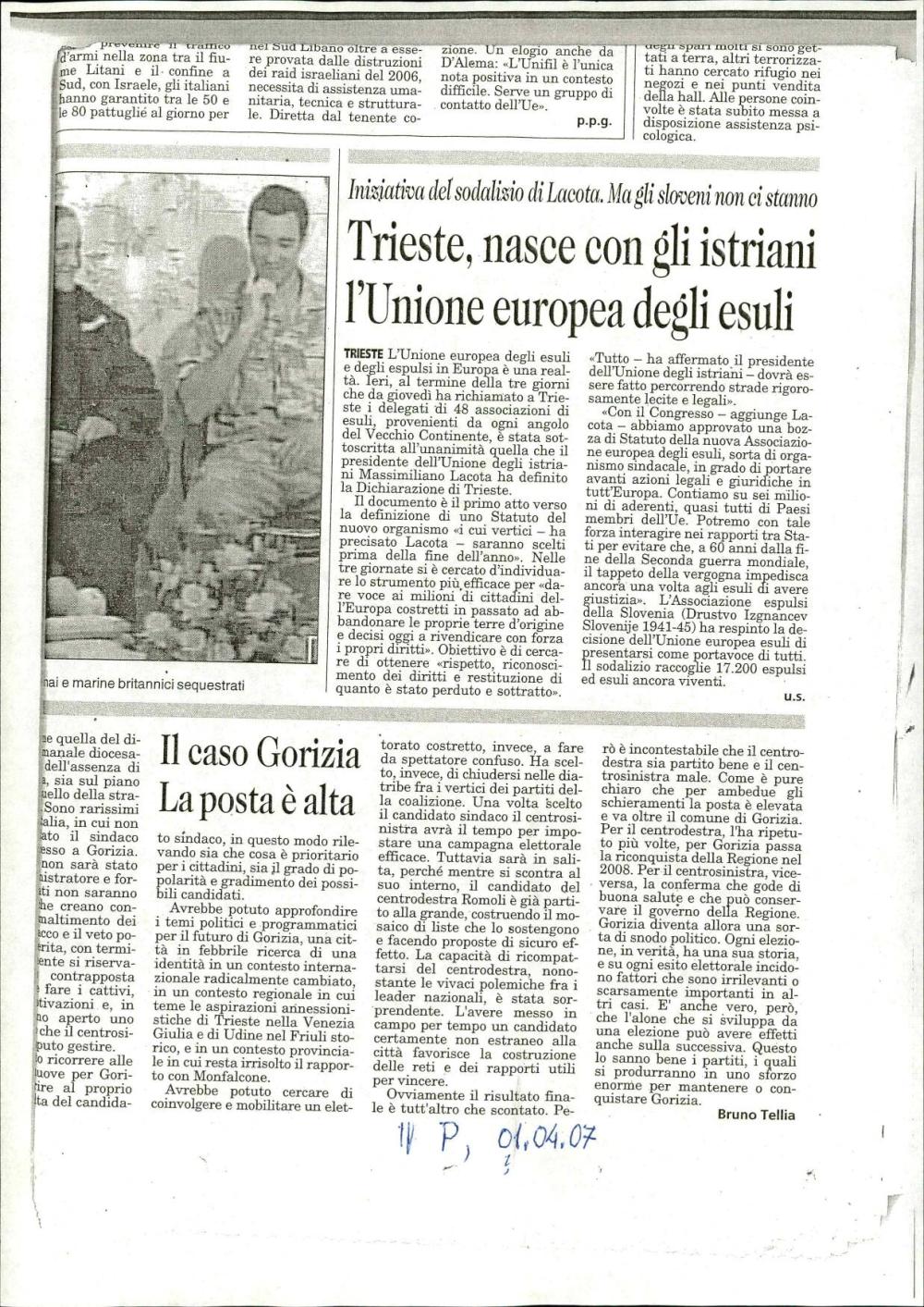 Iniziativa del sodalizio di Lacota. Ma gli sloveni non  ci stanno Trieste, nasce con gli istriani l'Unione europea degli esuli