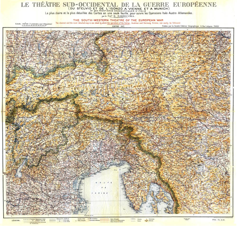 Le théâtre sud-occidental de la guerre Européenne : La plus claire et la plus détaillée des Cartes en une seule feuille, pur suivre les Opérations Italo – Austrian - Allemandes = The South-Western Theatre of the European War : The clearest and the most de