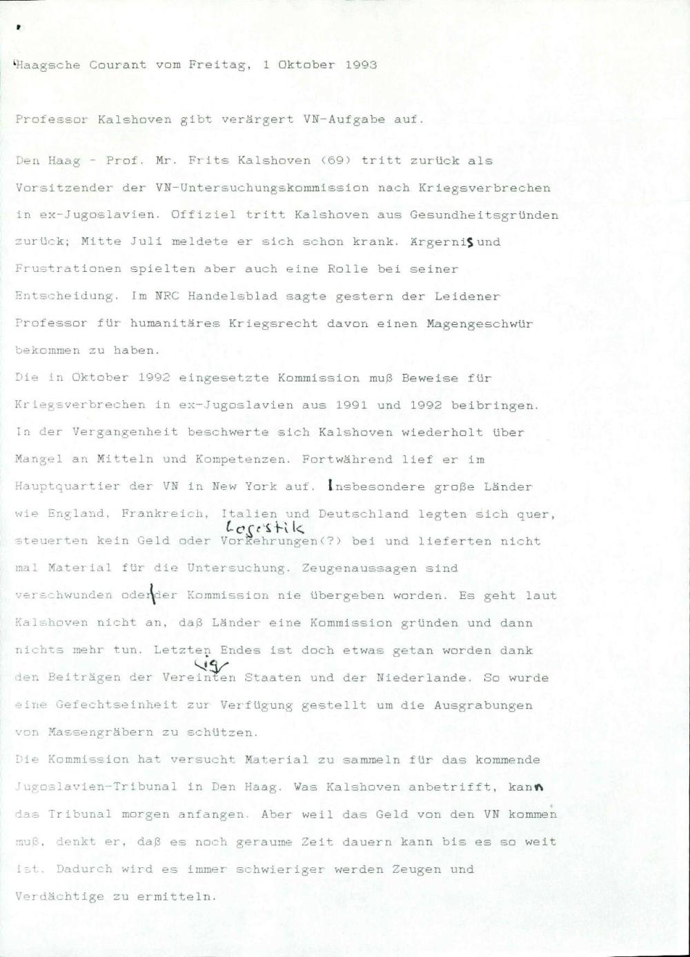 Professor Kalshoven gibt verärgert VN-Aufgabe auf