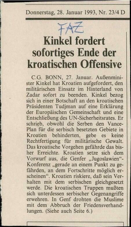 Kinkel fordert sofortiges Ende der kroatischen Offensive