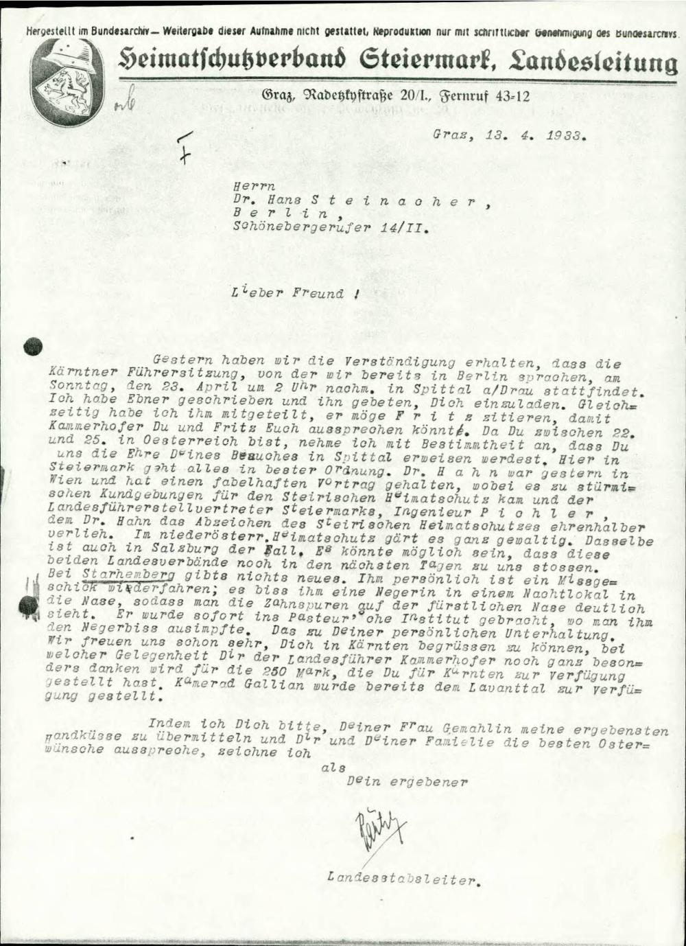 Dopis o pripravi srečanja vodilnih koroških političnih predstavnikov v Špitalu ob Dravi