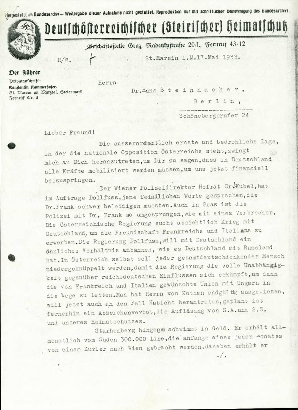 Dopis o političnih razmerah v Avstriji in odnosu državne oblasti do Nemčije