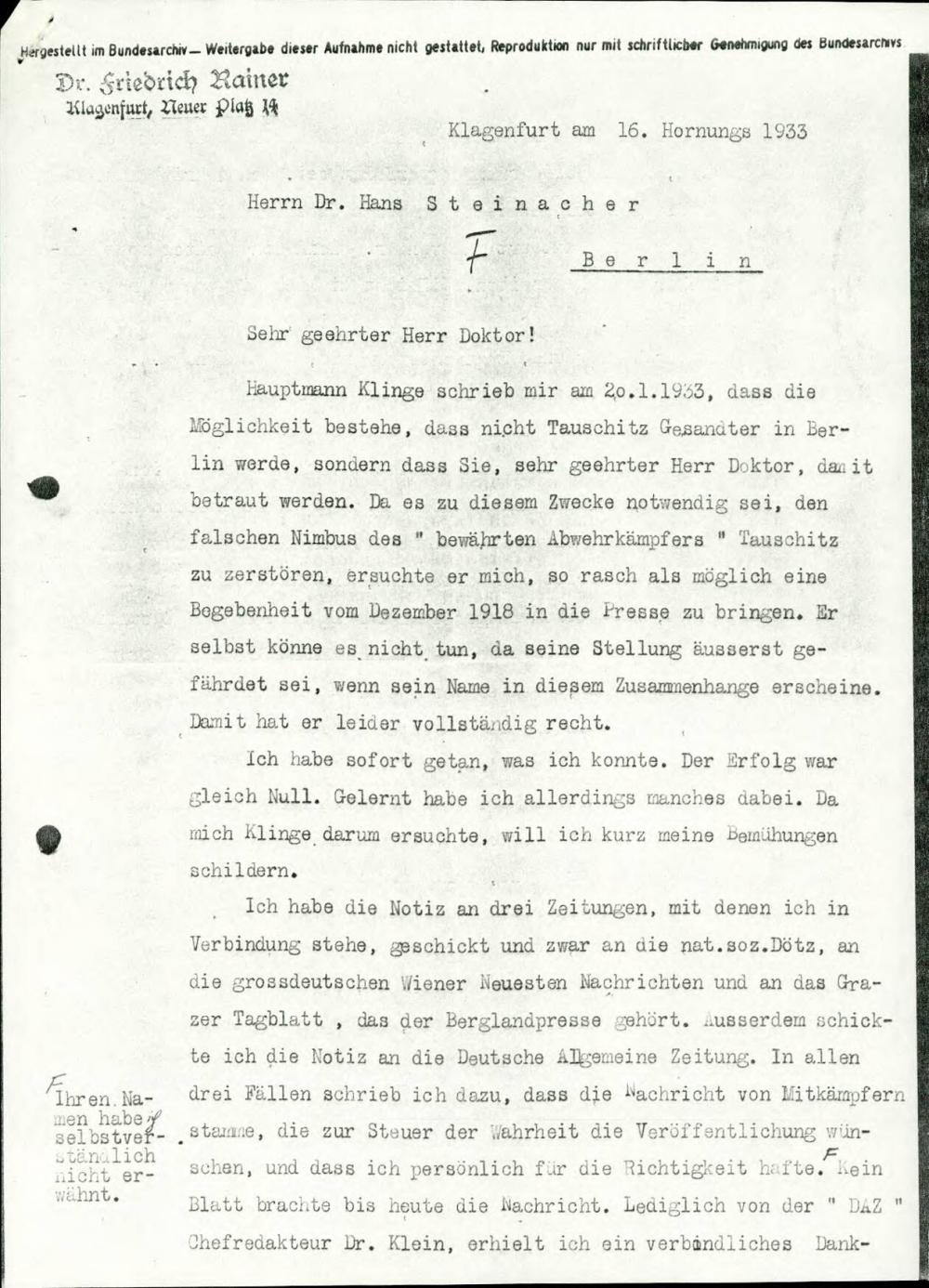Dopis o dosegu, da bi bil Steinacher ime... - nosilna