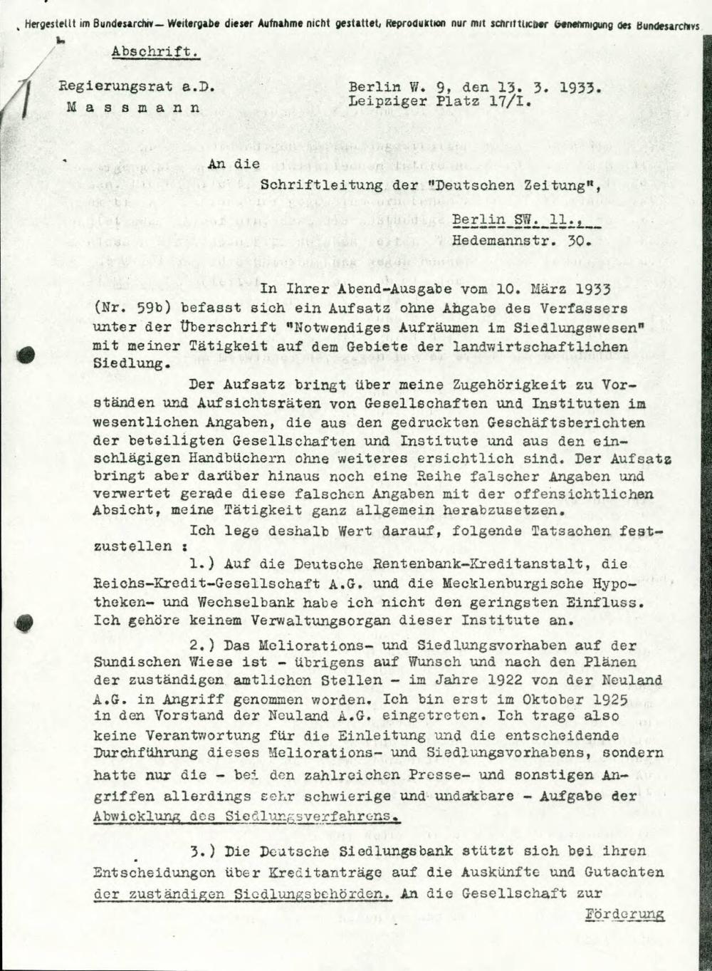 An die Schriftleitung der "Deutschen Zeitung"