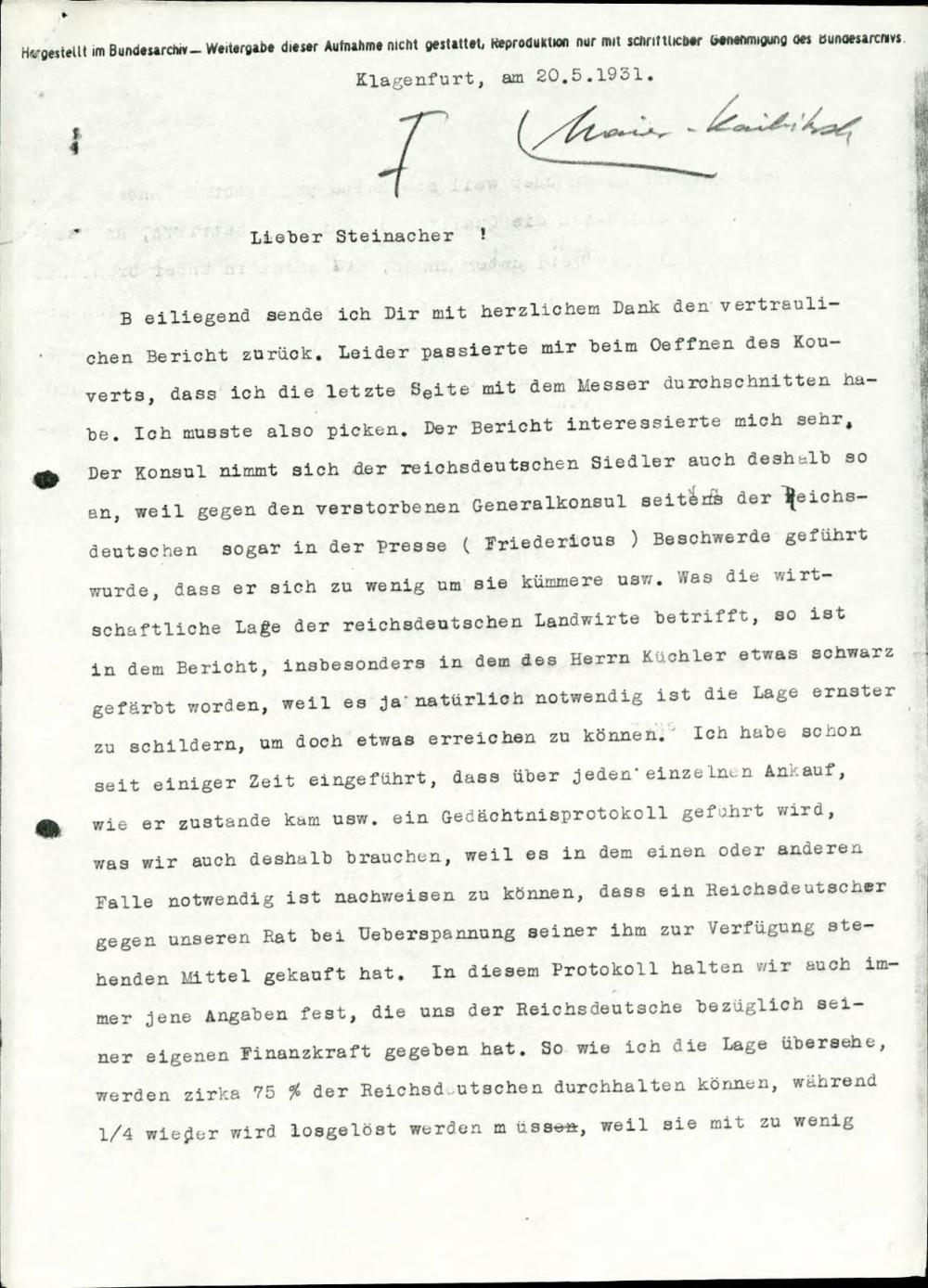 Dopis s poročilom o nakupu kmetijskih zemljišč na Avstrijskem Koroškem s strani nemških naseljencev