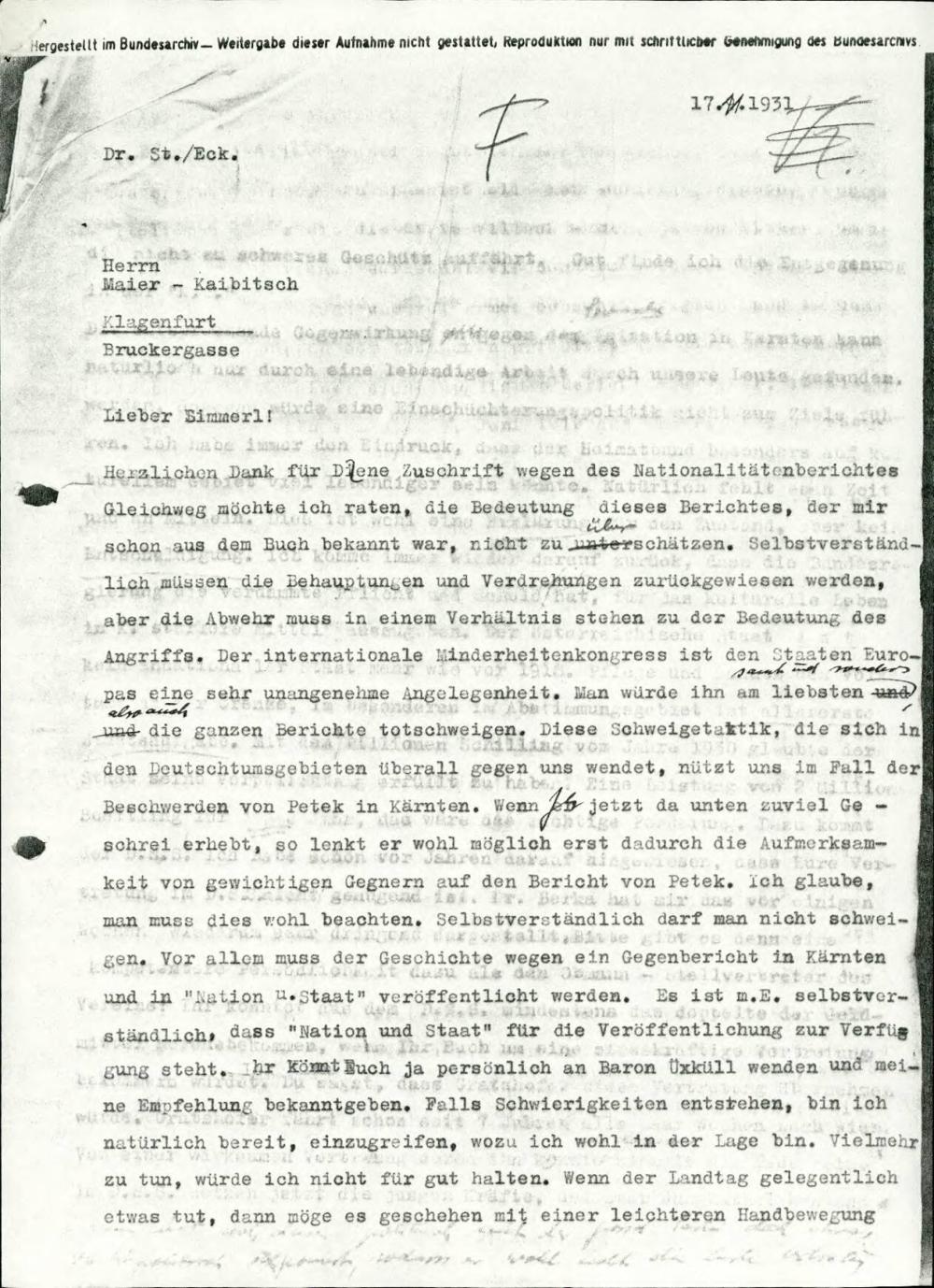 Komentar Hansa Steinacherja glede slovenske skupnosti in njegov pogled na delovanje Mednarodnega manjšinskega kongresa