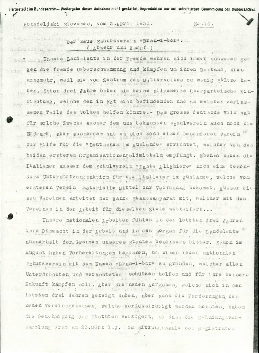 Der neue Schutzverein »Branibor«