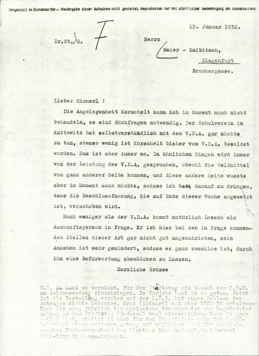Kratek dopis o delovanju Društva za nemške kulturne zveze v tujini (Verein für Deutsche Kulturbeziehungen im Ausland)