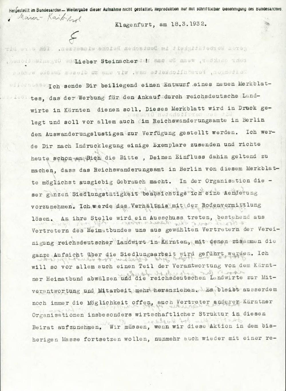 Dopis z osnutkom letaka, ki vabi nemške kmete na koroško podeželje