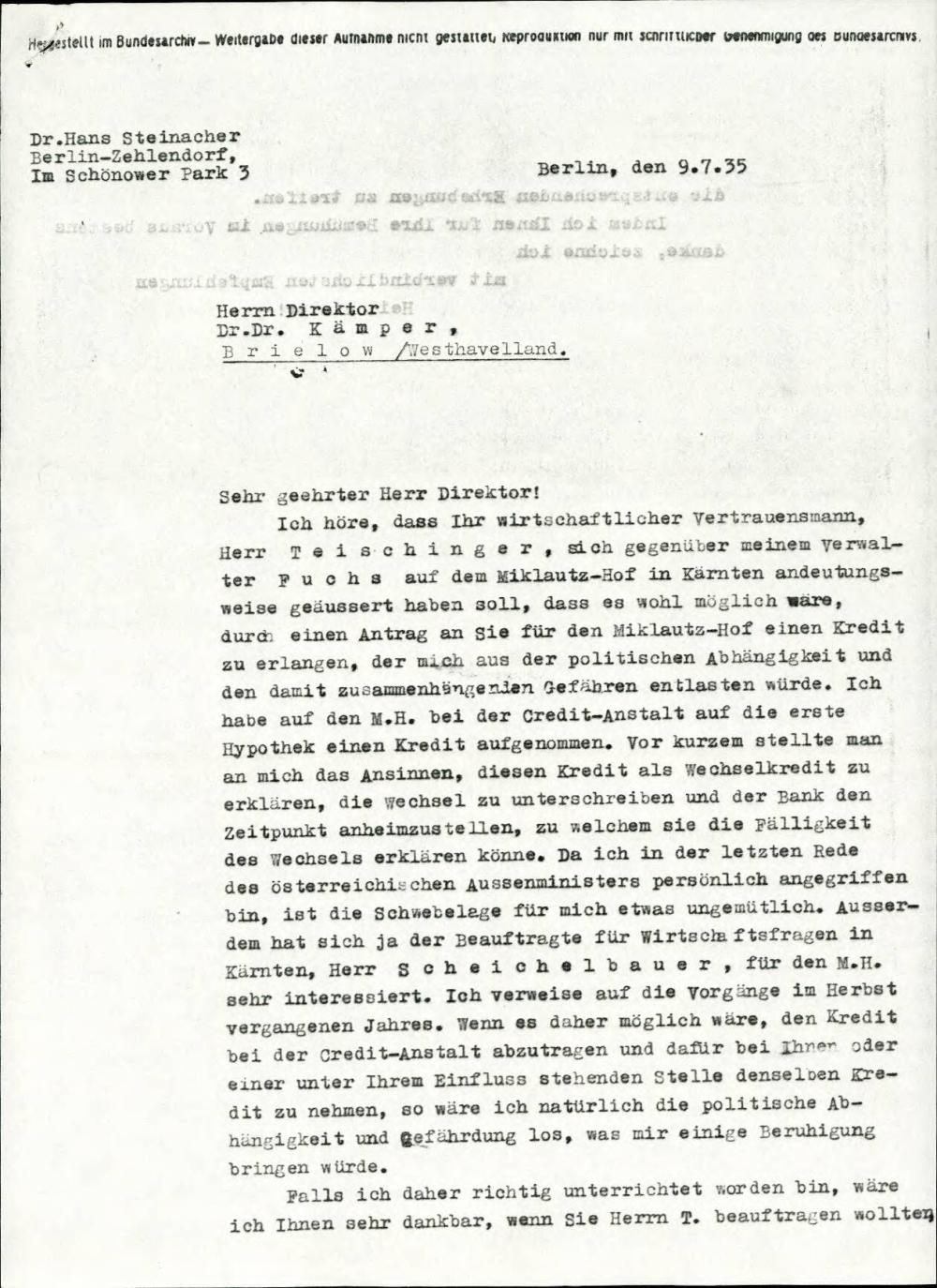 Dopis o financiranju posestva v Miklavčevem (Miklauzhof)