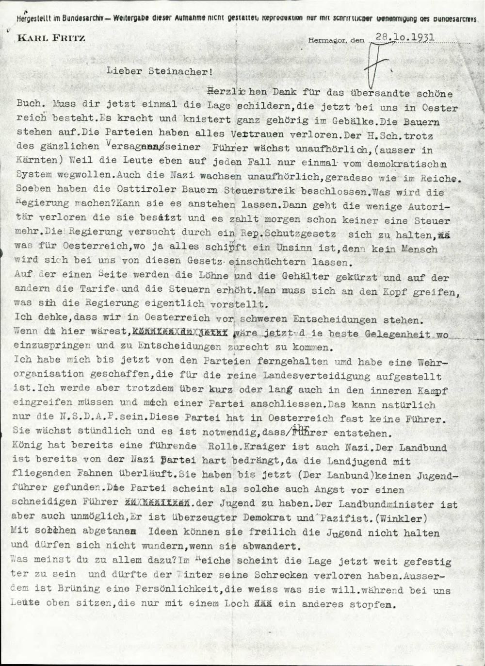 Dopis z opisom težkih političnih razmer v Avstriji