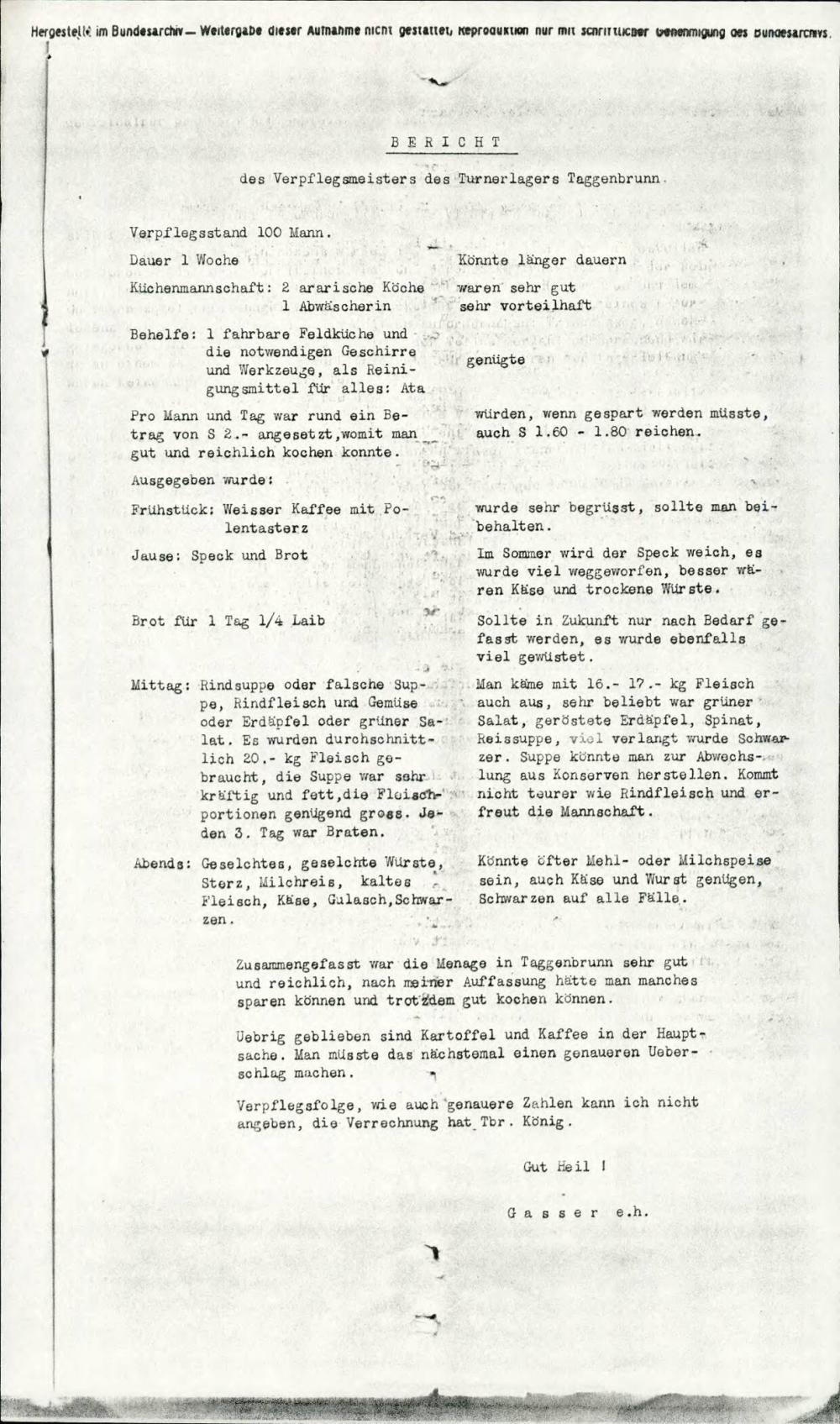 Bericht des Verpflegsmeisters des Turnerlagers Taggenbrunn